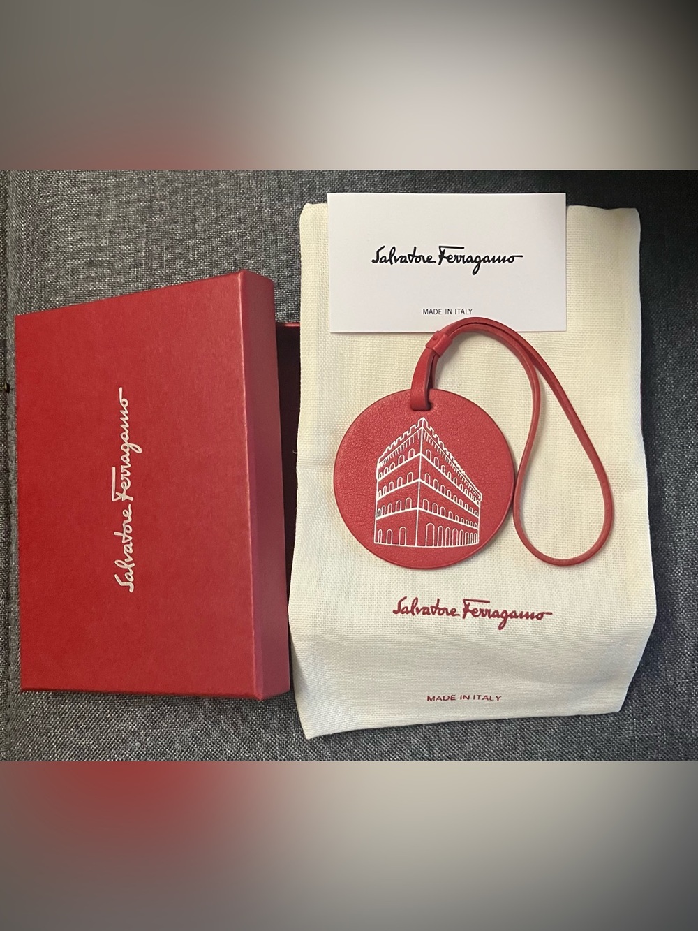 SALVATORE  FERRAGAMO red embossed bag charm /calfskin leather